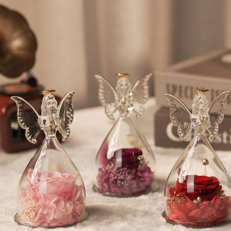 Cadeau de fleur préservée d’ange en verre