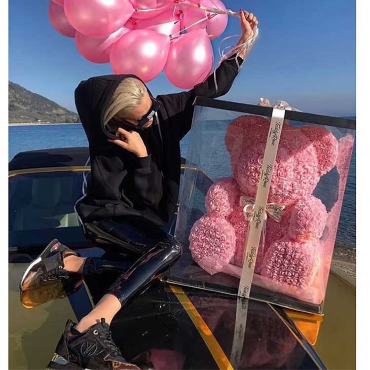 Ours en peluche fleur rose